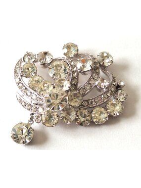 Vintage Signed Eisenberg Clear Rhinestone Ribbon Swirl Dangle Brooch